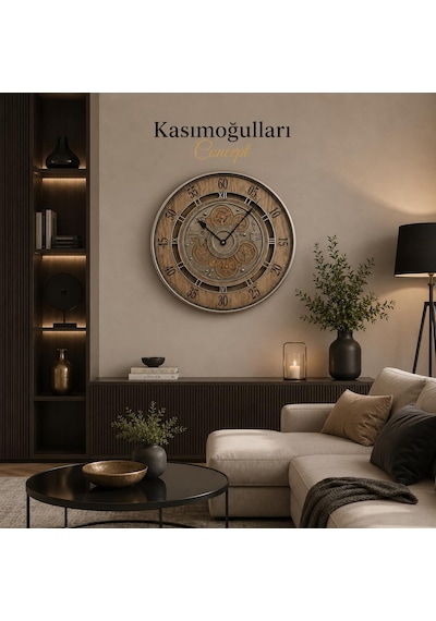 Tr Ahşap Desenli Dekoratif Duvar Saati 60 Cm, Metal Çerçeveli, Vintage Tasarım, Açıkta Görünen Dişli Mekanizma, Diğer