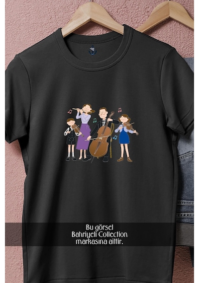 Oversize Aile Keman Tasarımlı Unisex T-shirt Siyah