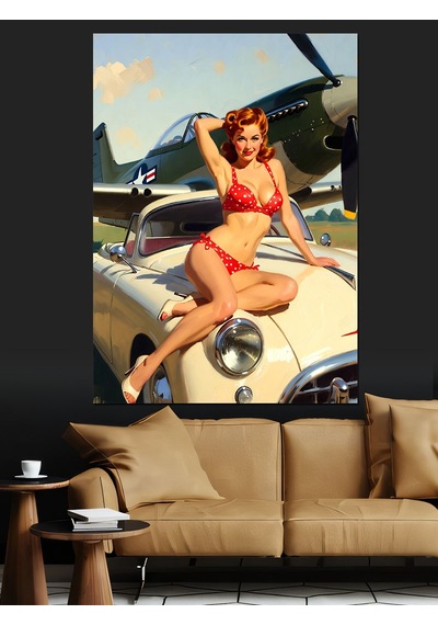 Ahşap Tablo Pin-up Kız Ve Retro Araba