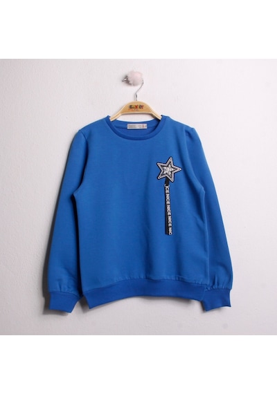 Toontoy Kız Çocuk Sweatshirt Göğsü Yıldız Nakış Saks Mavi