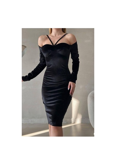 DefyModa Kadın İnce Kalp Yaka Balık Kesim Uzun Kollu Abiye Elbise Siyah