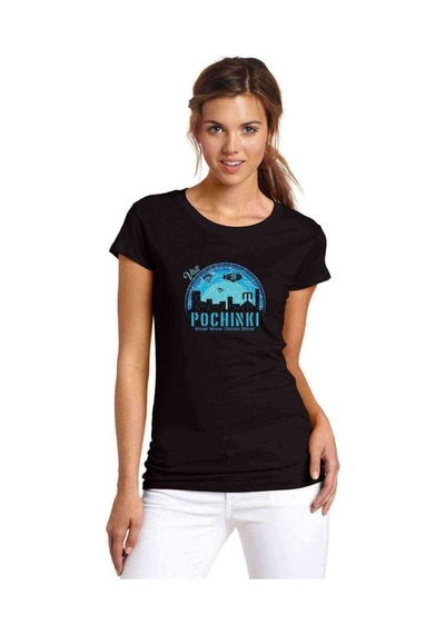 Pubg Pochinki Visit Mavi Baskılı Siyah Kadın Tshirt