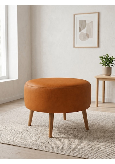 Modern Taba Deri Puf Yuvarlak Oturma Pufu Ahşap Ceviz Ayaklı Demonte 60x46 Cm