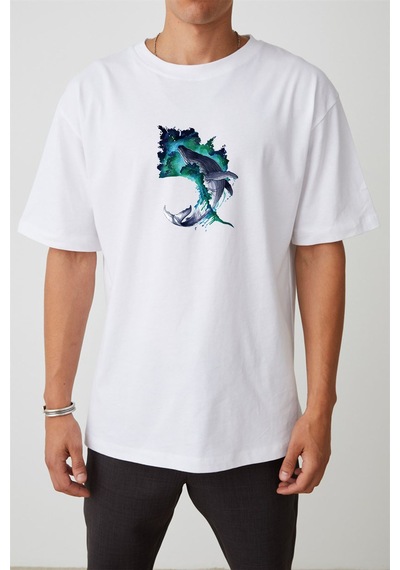 Thewert Unisex Balina Baskılı Beyaz Oversize Tshirt
