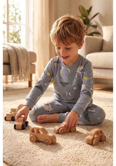 Zuzunga Unisex Mavi Ay Ve Kuzu Desenli Uzun Kollu Pijama Takımı Buz Mavi