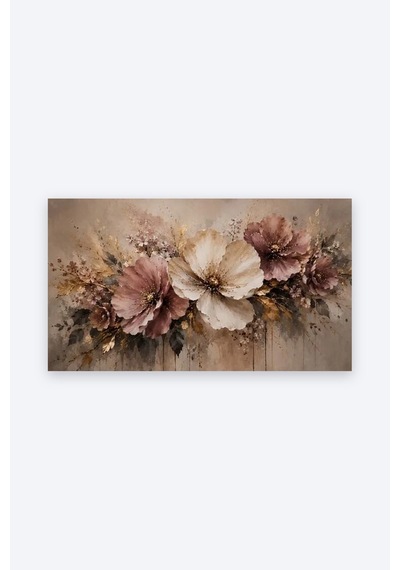 Tam Renk Pudra Gül Kurusu Çiçek Soyut Modern Floral Bej Dekoratif Kanvas Duvar Tablosu Pembe
