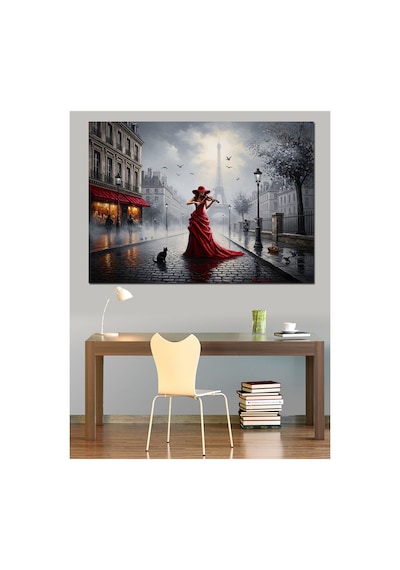Yağmurlu Paris Caddesi Kırmızı Elbise Yağlı Boya Dokulu Kanvas Tablo Canvas Tablosu