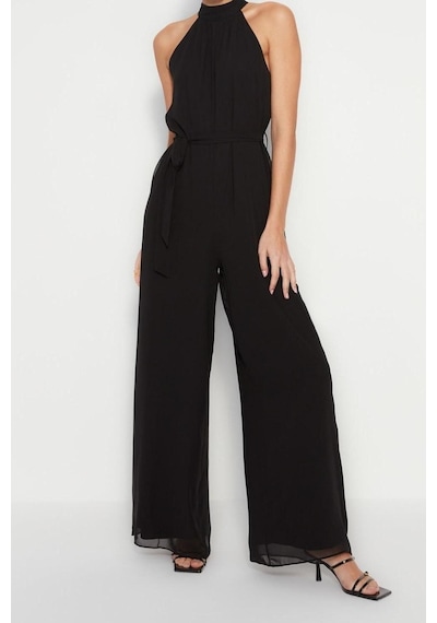 Ersefa Kadın Moda Standart Kol Geniş Paça Halter Yaka Uzun Kuşaklı Maxi Siyah