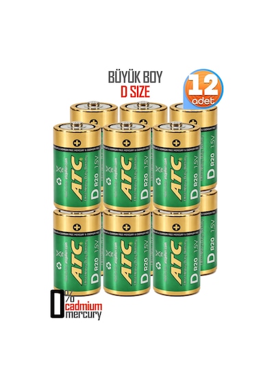Atc 12li Büyük Boy Pil R20 D-size Pil D Boy Pil Oyuncak Pili Çinko Karbon Pil Zn-c 1.5 V