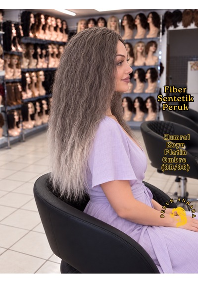 Afro Dalgası Peruk Fiber Sentetik Küllü Kumral Arası Işıltılı Platin Ombre