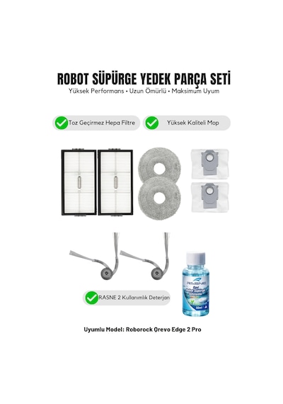 Roborock Qrevo Edge 2 Pro İle Uyumlu 2 Yan Fırça 2 Filtre 2 Mop 1 Deterjan 2 Toz Torbası 5.0