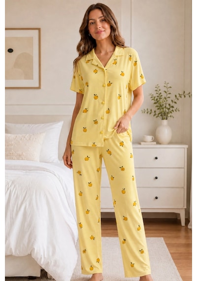 Northcity Sarı Limon Desenli Kısa Kollu Gömlek Yaka Milan Kumaş Kadın Pijama Takımı