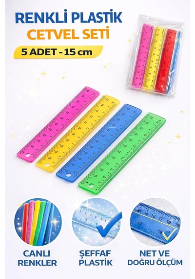Lexroo Renkli Plastik Cetvel Seti 15 Cm 5 Adet Şeffaf, Dayanıklı Ve Net Ölçüm