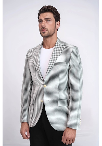 Açık Gri Kazayağı Desenli Gold Renk Metal Düğmeli Slim Fit Erkek Blazer Ceket - Wessi Grey