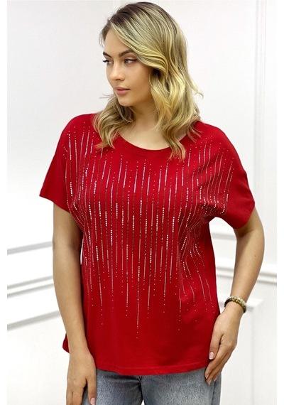 Rich Glam Bol Kesim Bisiklet Yaka Büyük Beden Crystal Taşlı Kadın T-shirt Kırmızı