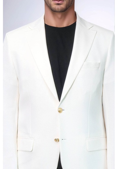 Ekru Kedinden Desenli Örme Altın Renk Metal Düğmeli Slim Fit Erkek Blazer Ceket - Wessi Blue Ekru Kedinden Desenli Örme Altın Renk Metal Düğmeli Slim Fit Erkek Blazer Ceket - Wessi Blue