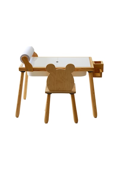 Woodnjoy Ahşap Duyusal Çocuk Aktivite Masası+1 Sandalye Seti Rulo Kağıt - Beyaz
