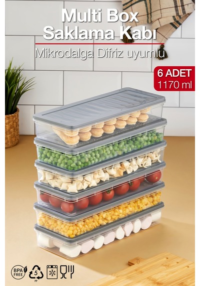 Multi Box 6 Lı Set Saklama Kabı Seti - Dondurucu & Mikrodalga Uyumlu Gri