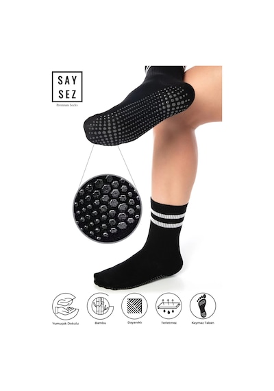Saysez Bambu Kadın Kaydırmaz Taban Silikon Baskı Pilates Yoga Fitness Dans Aktivite Siyah Tenis Çorabı Renkli