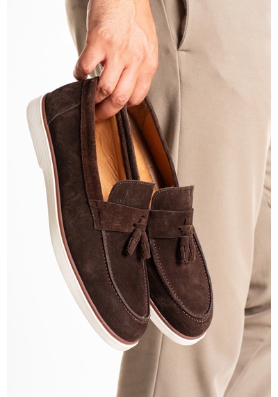 Fame Step Hakiki Deri Erkek Loafer Ayakkabı Süet Günlük Rahat Casual Mokasen Püsküllü Siena Kahverengi