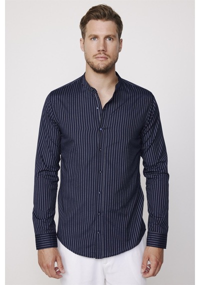 Tudors Slim Fit Hakim Yaka Pamuklu Kolay Ütü Çizgili Lacivert Erkek Gömlek-27734-lacivert Lacivert