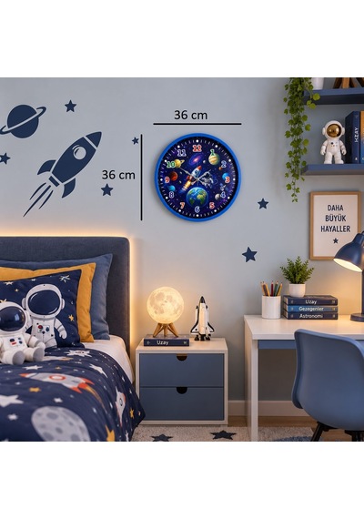 Galaksi Macerası 36 X 36 Cm Mavi Çocuk Duvar Saati