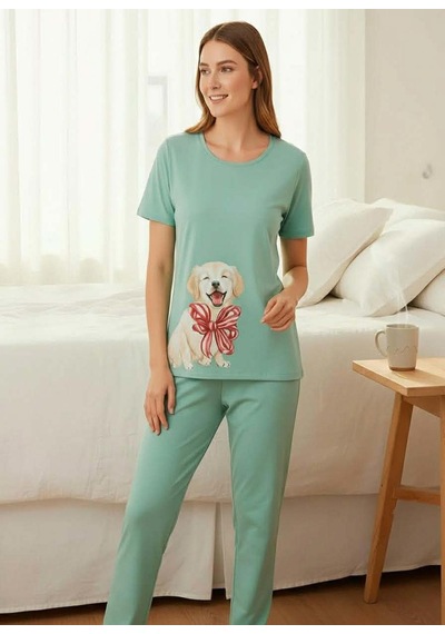 Mihra Kadın Milan Bisiklet Yaka Kısa Kol Likralı Pijama Takımı 50125y - 1 Adet Yeşil