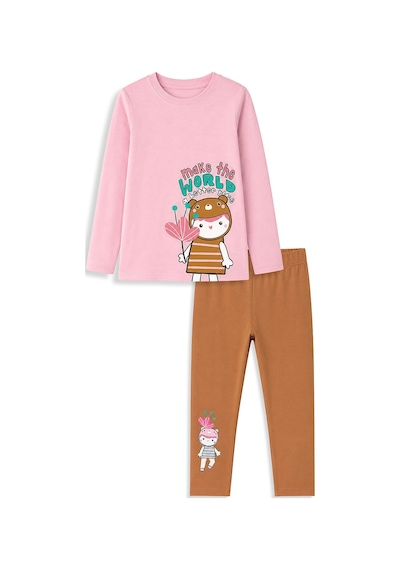Kız Çocuk Pamuklu Uzun Kollu T-shirt & Tayt Takımı – Sevimli Karakter Baskılı (2-8 Y)
