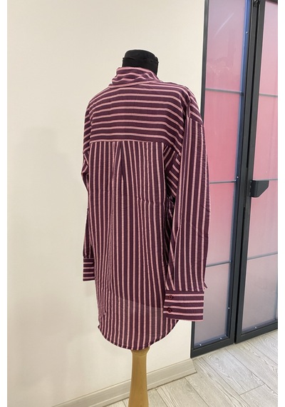 Pera Moda Oversize Çizgili Modal Gömlek Bordo