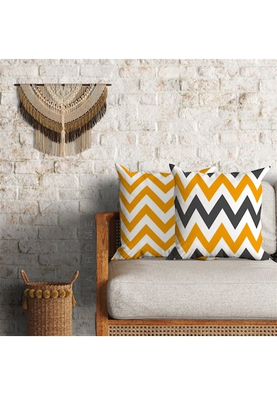 Zigzag Desenli Dekoratif 2'li Minder Kılıfı Seti 60 x 60 cm - Hardal