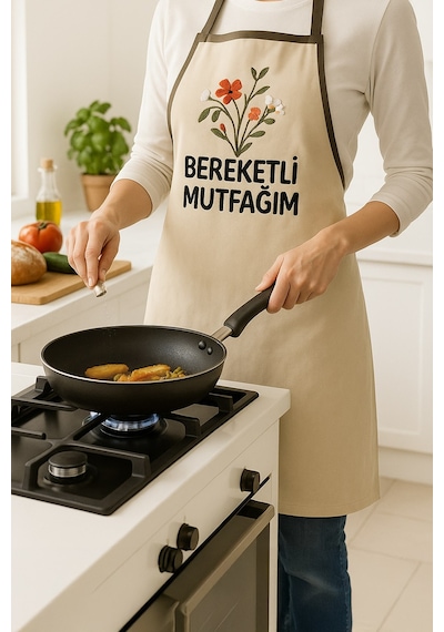 Bereketli Mutfağım Nakışlı Keten Yıkanabilir Mutfak Önlüğü Standart Beden 1 Adet 50x70 Cm Bej