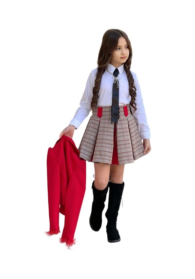 Riccotarz Kız Çocuk Blazer Ceket, Kravat Çizgili Kırmızı Etekli Takım Kırmızı