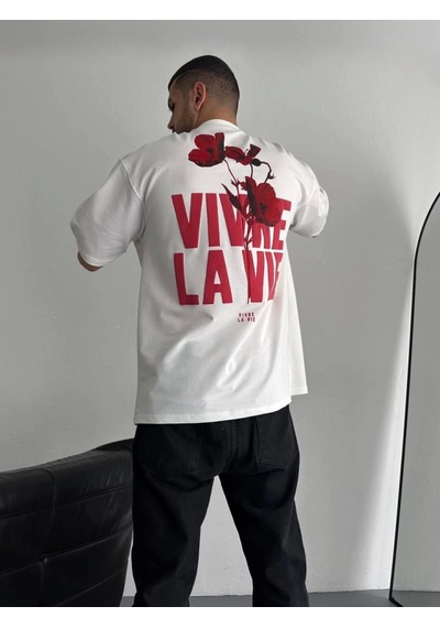Modi Baskılı Oversize Bisiklet Yaka T-shirt - Beyaz Açık Beyaz