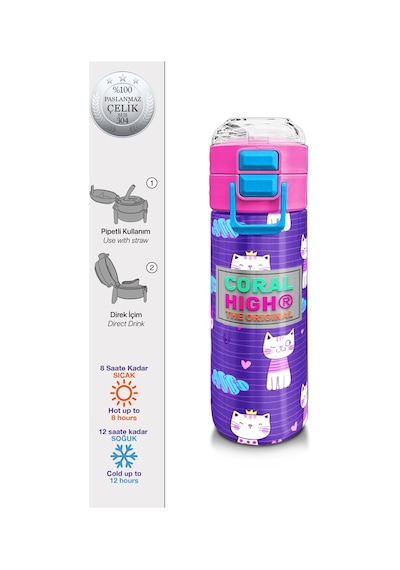 Coral High Kids Mor Pembe Kedi Desenli Pipetli Ve Direkt İçim Çelik Termos 500 Ml 31911 Pembe