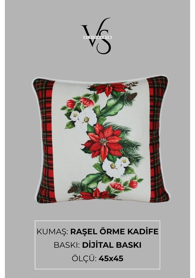 Kırlent Kılıfı Yılbaşı Temalı Çiçek Desenli 45x45 Raşel Örme Kadife Dijital Baskı Beyaz Biyeli Çok Renkli