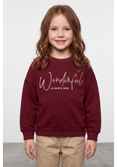Fullamoda Kabartma Baskılı Oversize Kız Çocuk Sweatshirt Bordo