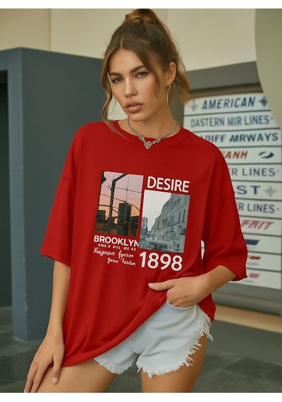 Brooklyn Baskılı Unisex Tişört Kirmizi