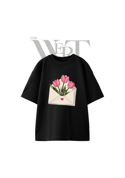 Thewert Tulip Envelope Tasarım Baskılı Ünisex Siyah Oversize T-shirt