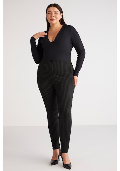 ETHIQUET ABRIELLEBB Kadın Çizgi Desenli Slim Fit Dar Paça Fermuarlı Örme Siyah - Beyaz Büyük Beden Pantolon