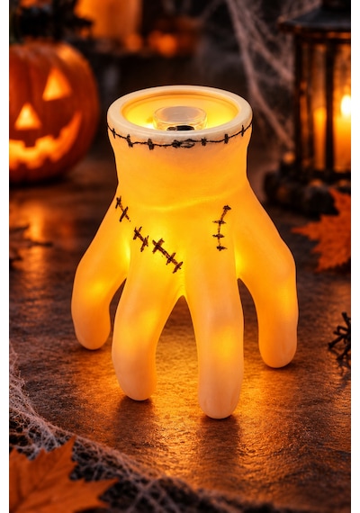Halloween Cadılar Bayramı Işıklı El Dekoru Dikiş Detaylı Turuncu Led El Süsü 8 Cm Masa Oda Süsü Renkli