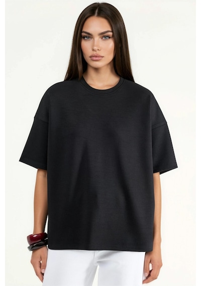 Hiccup Oversize Bisiklet Yaka Modal Touch Örme Tişört Siyah