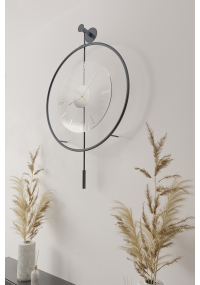 MetaQuartz Aksesuar (Büyük Boy-50*75 cm)  Antrasit Luxry Şefaf Cam Metal Dekoratif Saat Antrasit