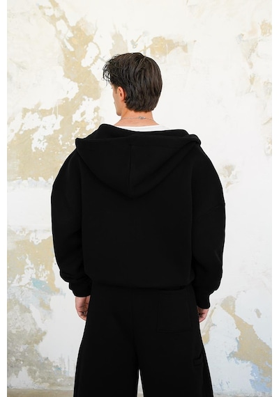 Siyah Cozy Basic Tam Fermuar Oversize Sweatshirt Siyah