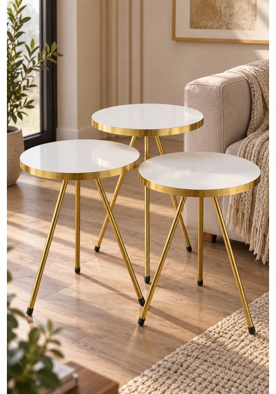 Sulorahome Gold Metal Ayaklı Beyaz 3'lü Zigon Sehpa Takımı Sehpalar Beyaz Ayakları Gold