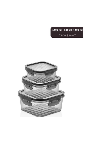 Quick Sızdırmaz Saklama Kabı Seti 3'lü Set, 1,4 Lt + 800 Ml + 400 Ml Füme