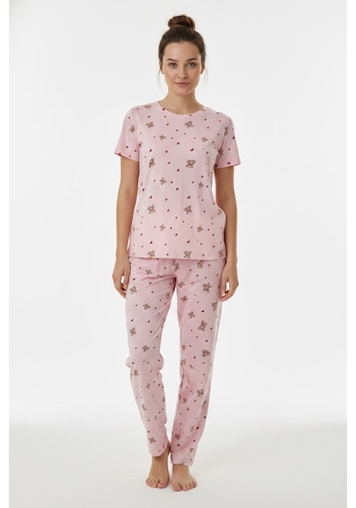Kompedan Kadın Bisiklet Yaka Yumuşak Dokulu Ayıcık Desenli Kısa Kol Pijama Takım Pembe 70132-4603
