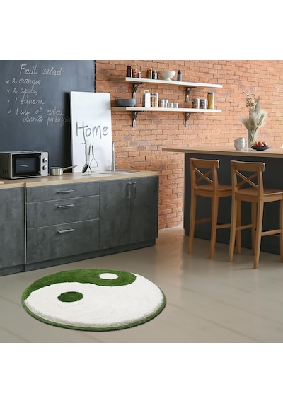 Yin Yang Halı 35, El Yapımı Tepeli Havalı Funky Yeşil Yuvarlak Alan Halıları Oturma Odası, Yatak Odası, Mutfak, Diğer
