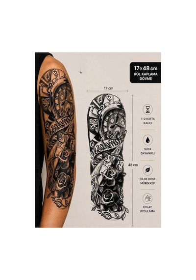 Büyük Boy Geçici Kol Kaplama Dövme - Saat Ve Gül Desenli Suya Dayanıklı Tattoo