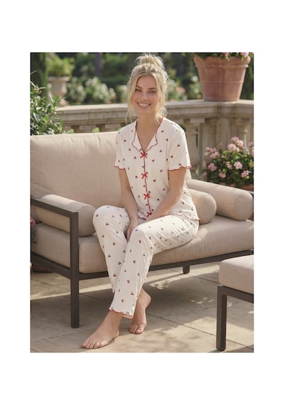 Eyfuze Kadın Baskılı Fiyonk Detaylı Raporlu Kaşkorse Kısa Kollu Pijama Takımı Beyaz-10