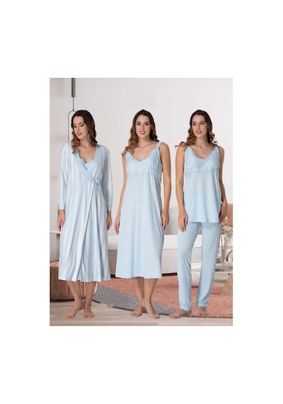 Effortt Dvina Lohusa Hamile Gecelik, Çizgili Sabahlıklı Ve Pijama Takımı Set - 4'lü Takım - Mavi Mavi